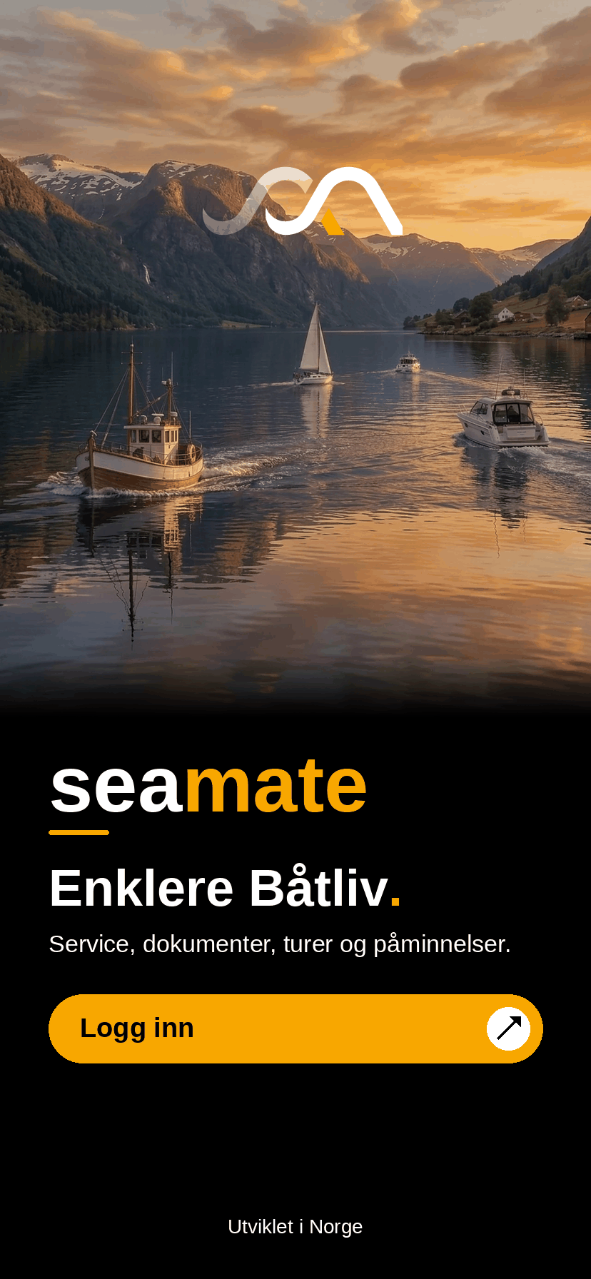 SeaMate-appen — startskjerm med båt og turoversikt